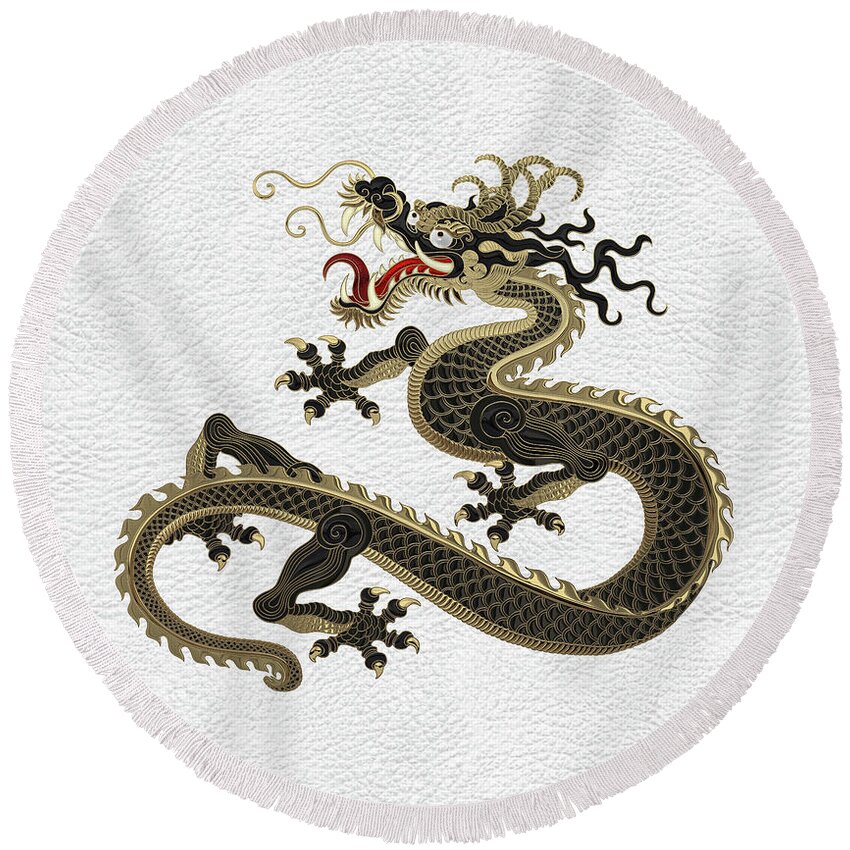 ‘the Great Dragon Spirits’ Collection By Serge Averbukh Round Beach Towel featuring the digital art Black and Gold Sacred Eastern Dragon over White Leather by Serge Averbukh