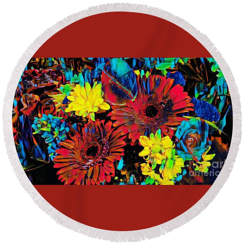 Colorful Round Beach Towel featuring the mixed media Arty flowers by Steven Wills