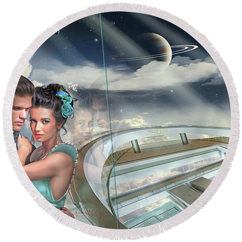 Aerospace Round Beach Towel featuring the digital art Asgardia- Ships of the Realm - April by James Vaughan