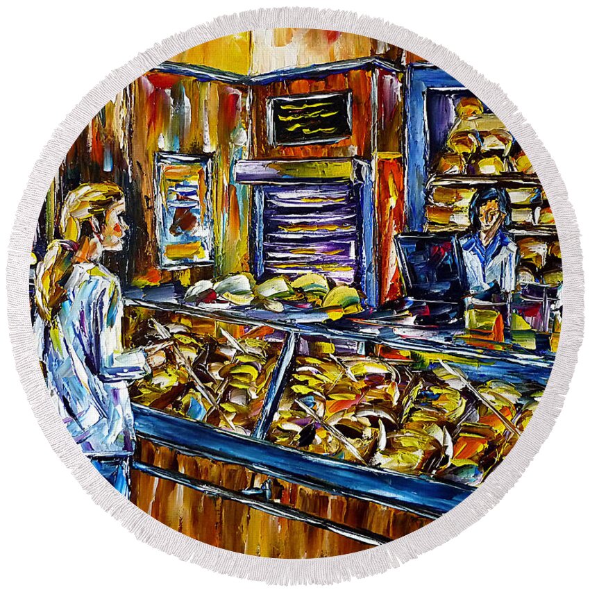 Bakery Painting Round Beach Towel featuring the painting At The Baker by Mirek Kuzniar