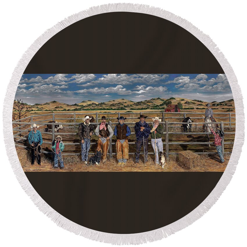 Cowboys Latinos Cowgirl Australian Sheperd Horse Cattle Ranching Idaho Dogs Boise Foothills Round Beach Towel featuring the painting At the End of the Day by Bonnie Peacher