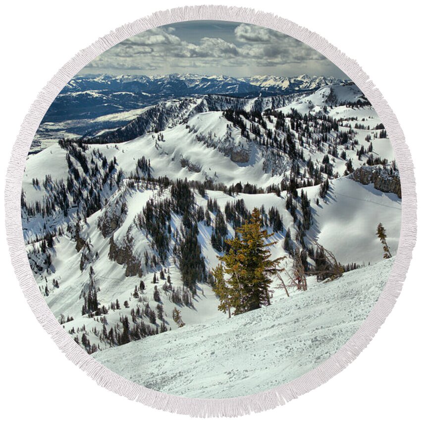 Rendezvous Bowl Round Beach Towel featuring the photograph At The Jackson Hole Treeline by Adam Jewell
