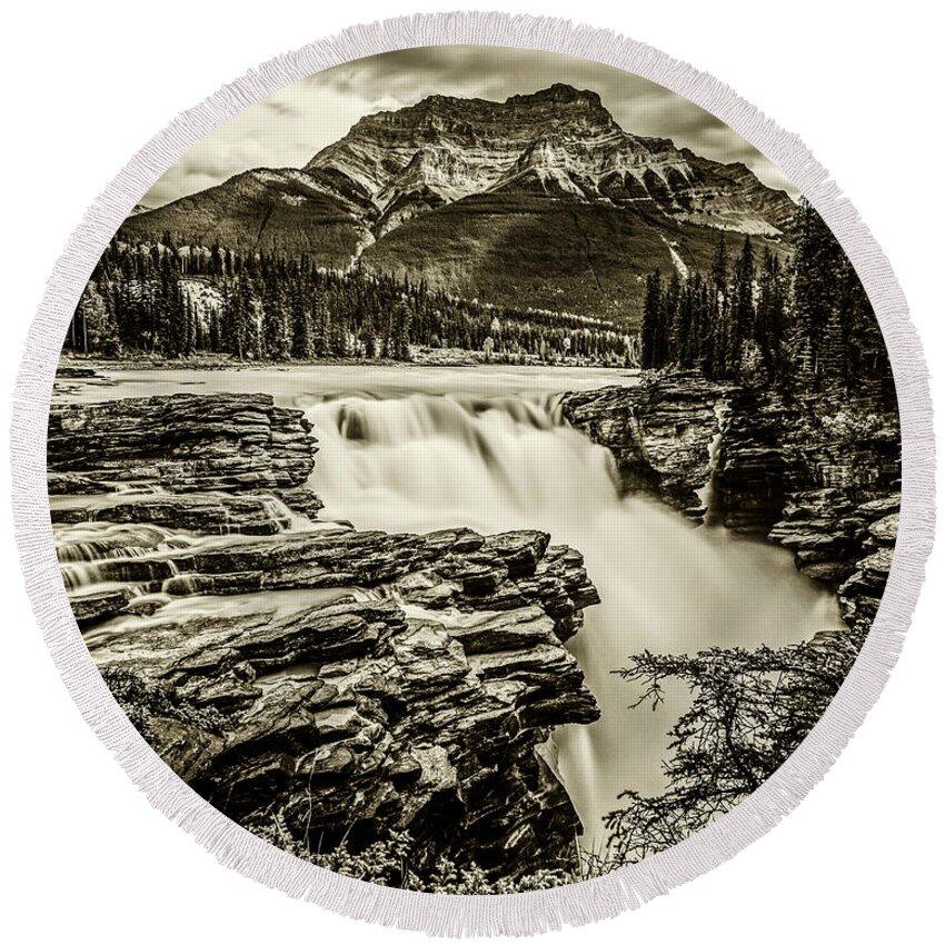 Jasper Round Beach Towel featuring the photograph Athabasca Falls Jasper National Park Alberta Canada Banff Sepia by Toby McGuire