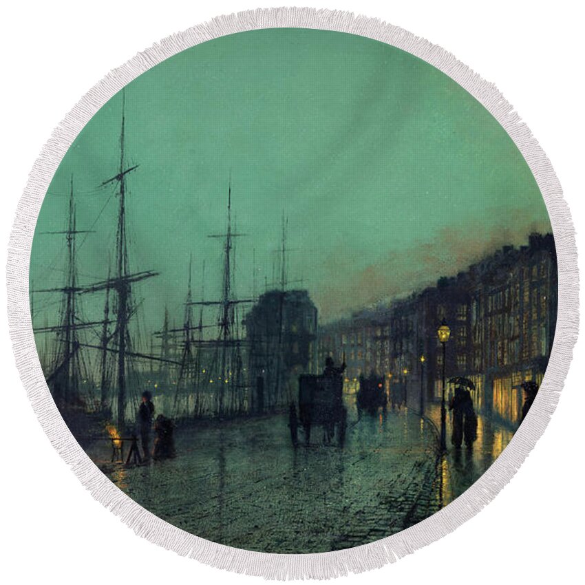 Atkinson Grimshaw Round Beach Towel featuring the painting Atkinson Grimshaw -Leeds, 1836 -1893-. Shipping on the Clyde -1881-. Oil on cardboard. 30.5 x 51 cm. by John Atkinson Grimshaw -1836-1893-