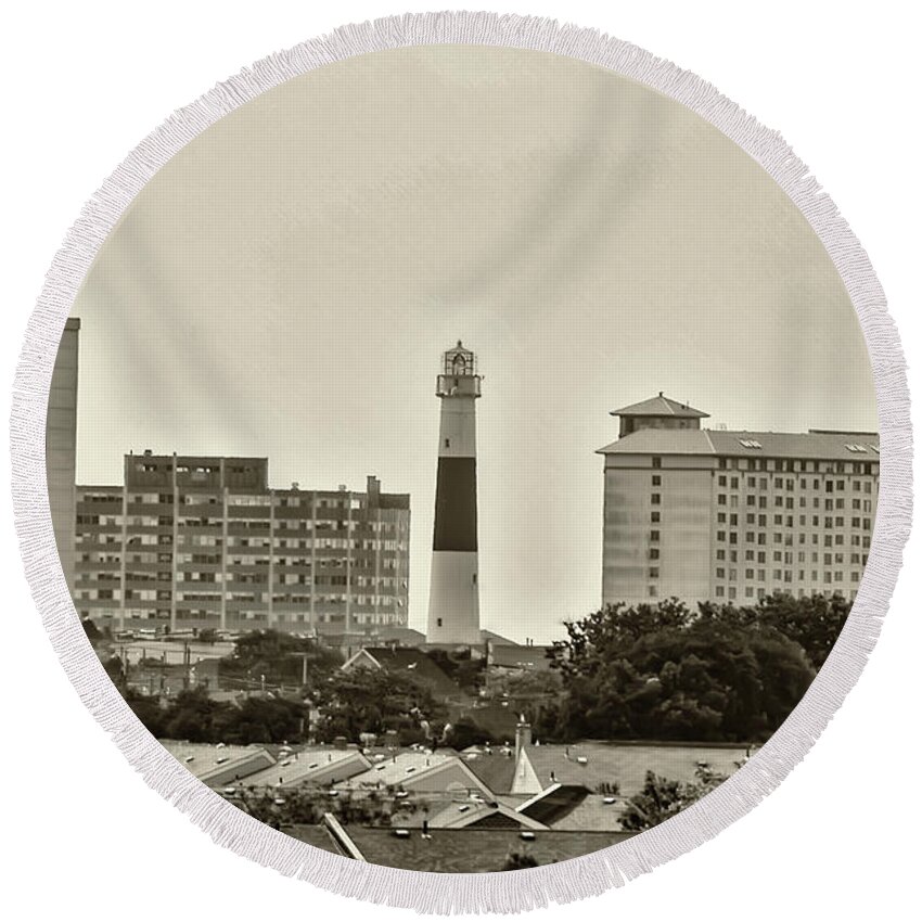 Atlantic Round Beach Towel featuring the photograph Atlantic City - Absecon Lighthouse - in Sepia by Bill Cannon
