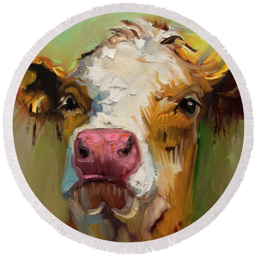 Cow Round Beach Towel featuring the painting Attitude by Diane Whitehead