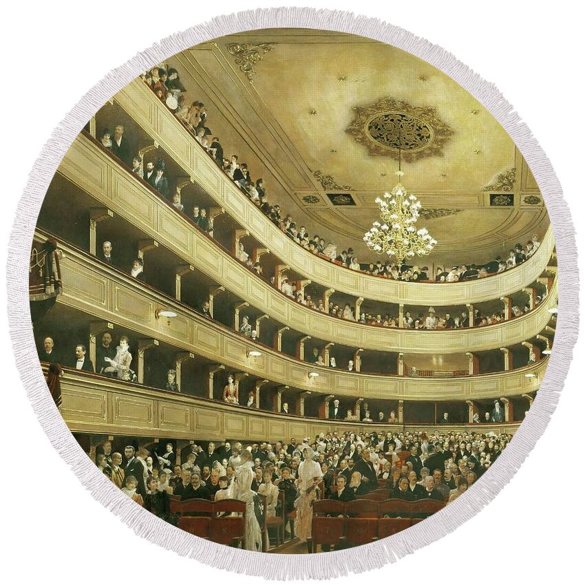 Gustav Klimt Round Beach Towel featuring the painting Auditorium in the 'Altes Burgtheater', the old Court Theatre, replaced by a new building in 1888. by Gustav Klimt -1862-1918-