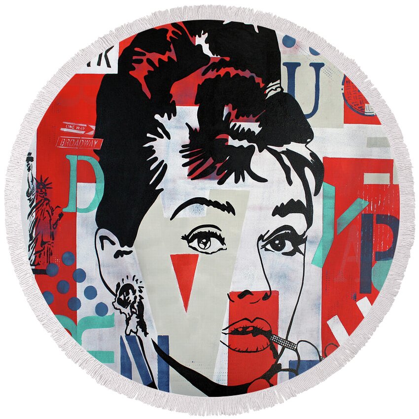 Audrey Hepburn Round Beach Towel featuring the painting Audrey Hepburn NYC by Kathleen Artist PRO
