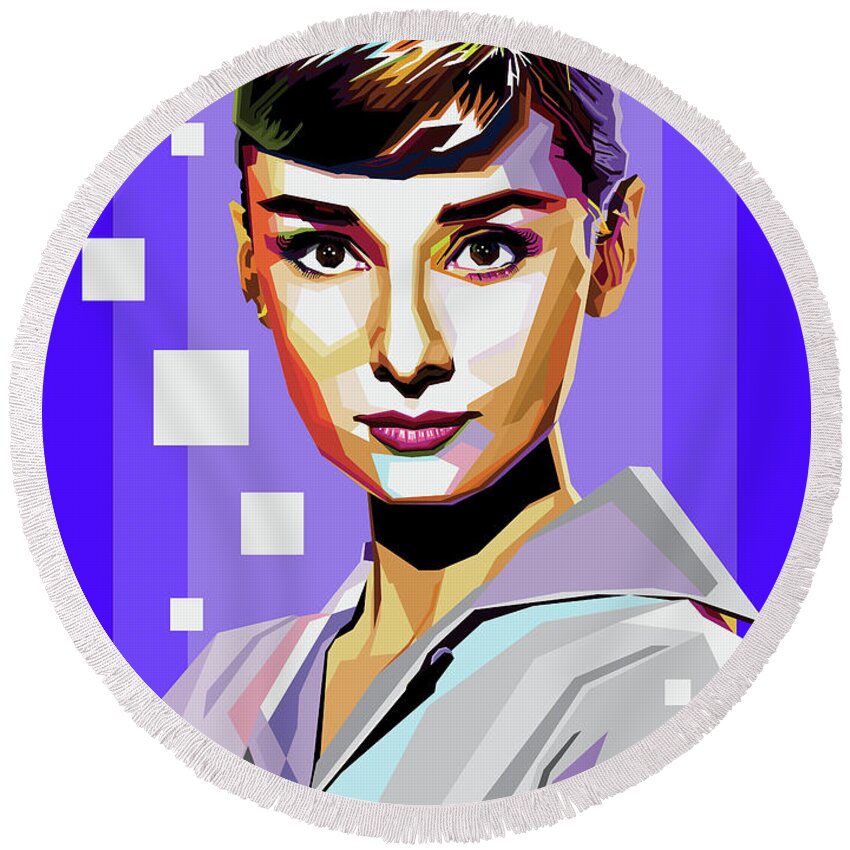 Audrey Hepburn Round Beach Towel featuring the digital art Audrey Hepburn by Movie World Posters