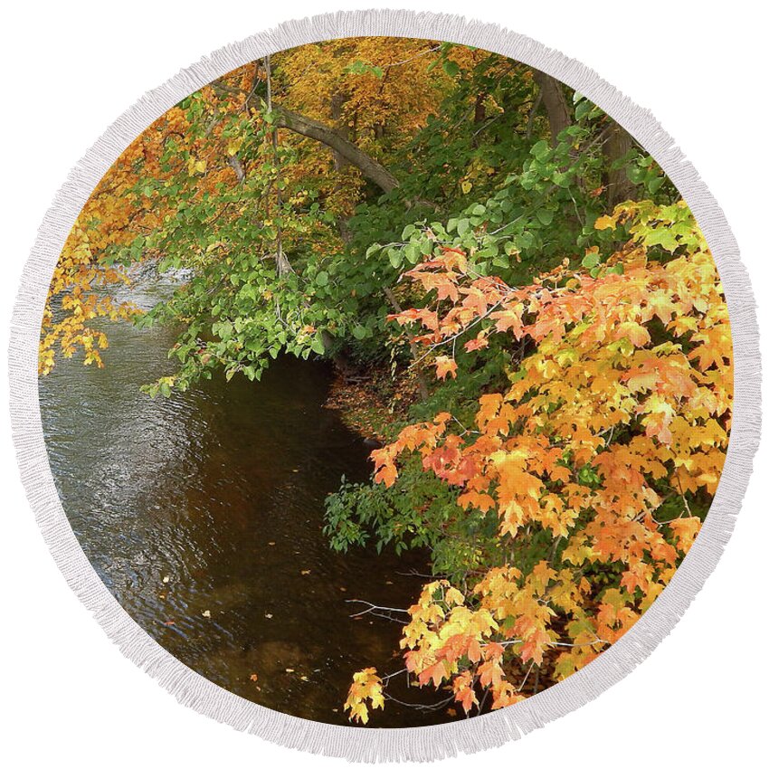 Huron River Round Beach Towel featuring the photograph Autumn Along The Huron River by Phil Perkins