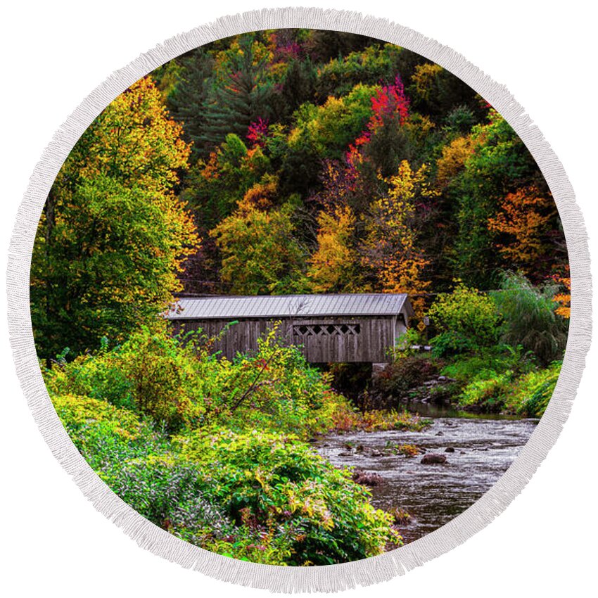 Vermont Round Beach Towel featuring the photograph Autumn At The Comstock Covered Bridge by Scenic Vermont Photography