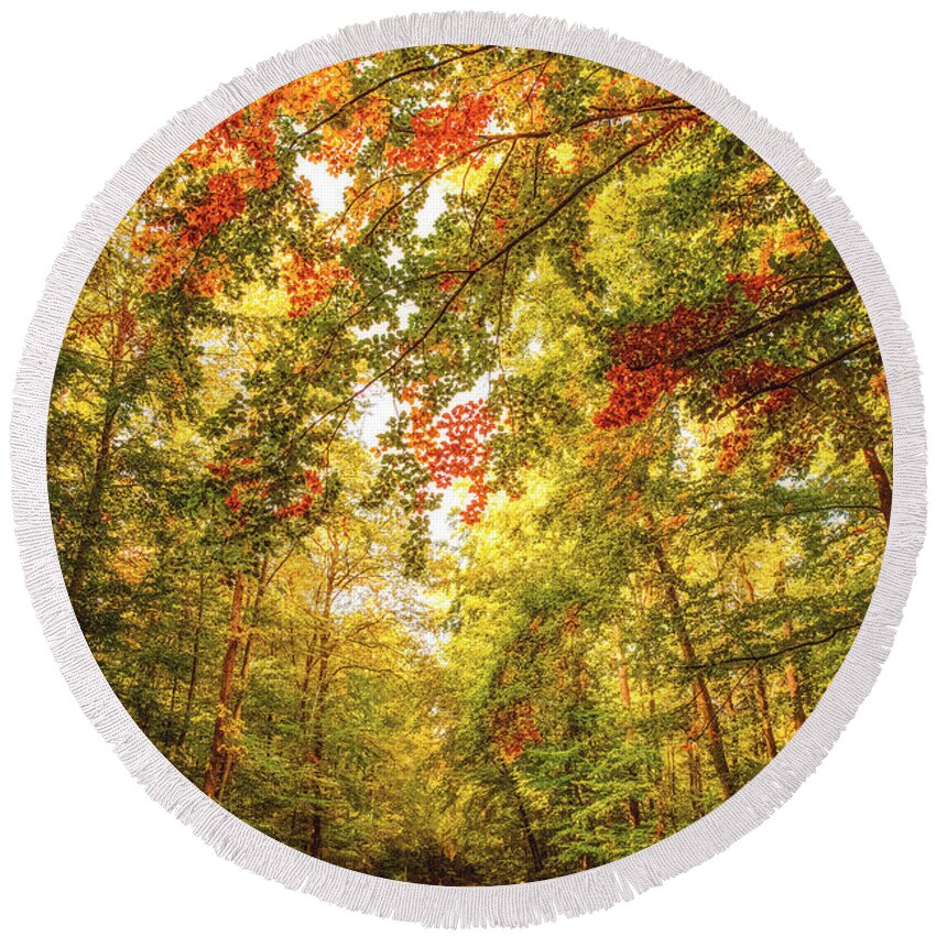 Autumn Round Beach Towel featuring the photograph Autumn Colorful Path by Philippe Sainte-Laudy