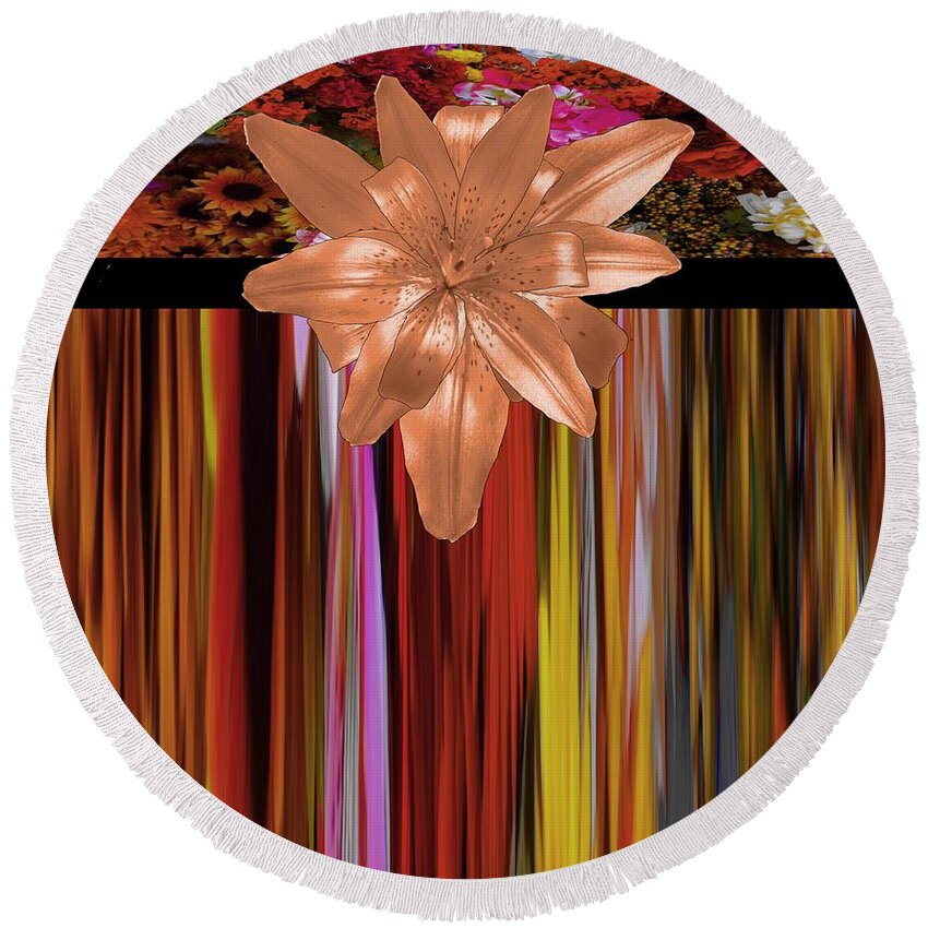 Autumn Round Beach Towel featuring the mixed media Autumn Copper Lily Floral Design by Delynn Addams