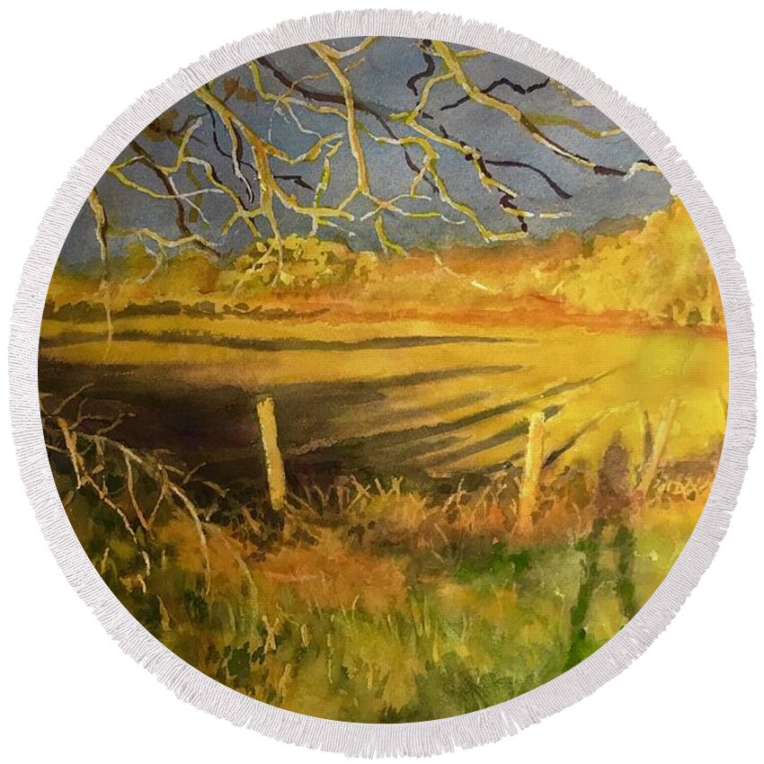 Aautumn Round Beach Towel featuring the painting Autumn Field by Carolyn Epperly