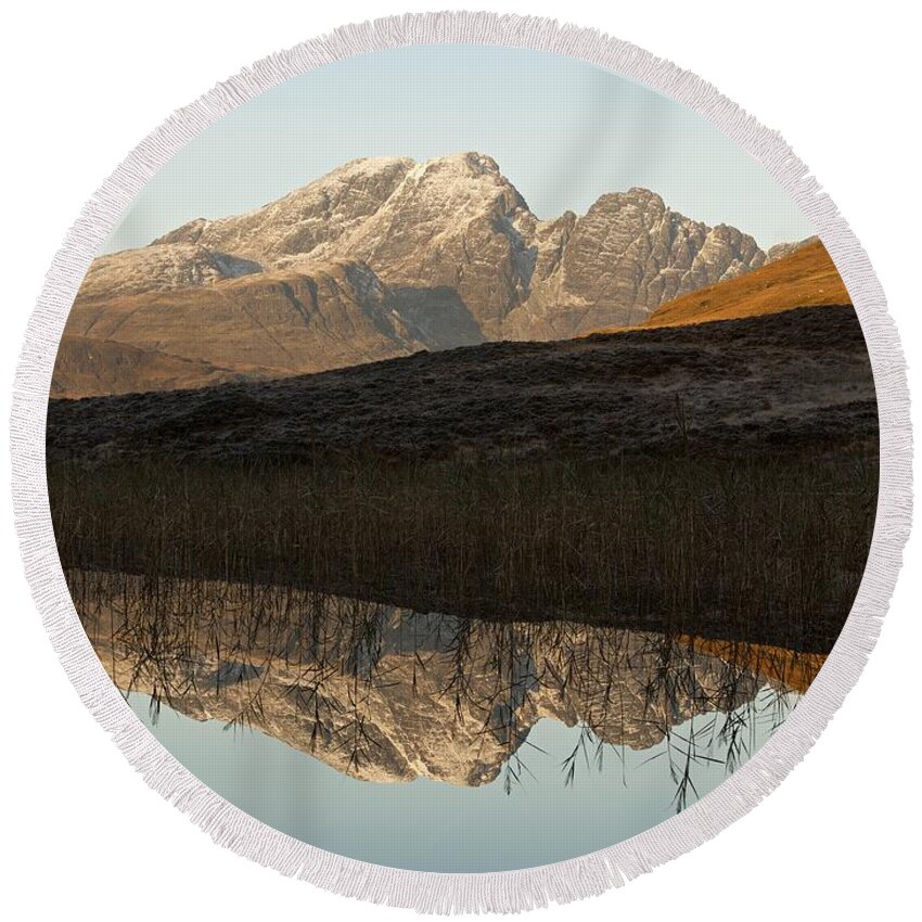 Skye Round Beach Towel featuring the photograph Autumn meets winter at Blaven by Stephen Taylor