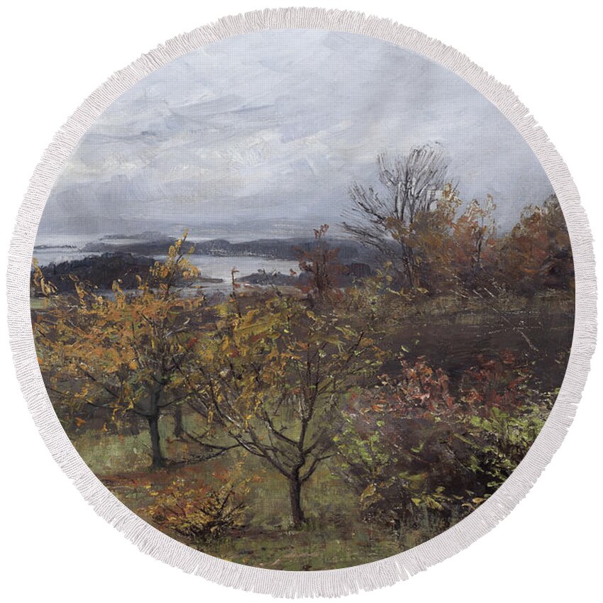 Tannaes Round Beach Towel featuring the painting Autumn, Nesbyen by Marie Tannaes