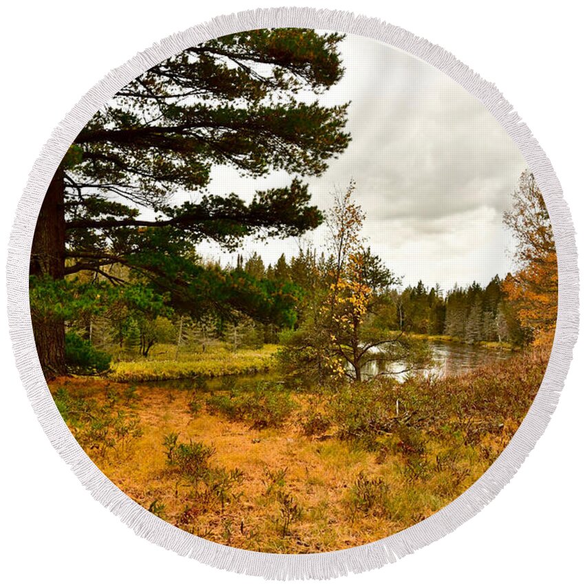 Ausable Round Beach Towel featuring the photograph Autumn on te AuSable 0606 by Michael Peychich