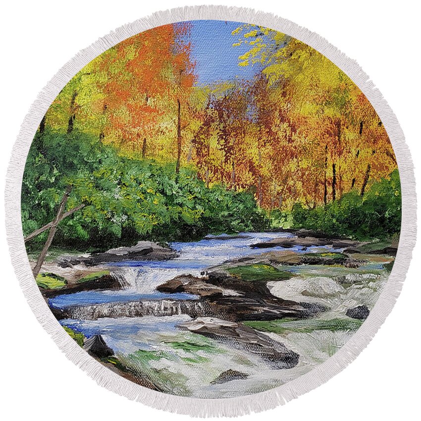 Fall Round Beach Towel featuring the painting Autumn On The Horsepasture River by Stanton Allaben