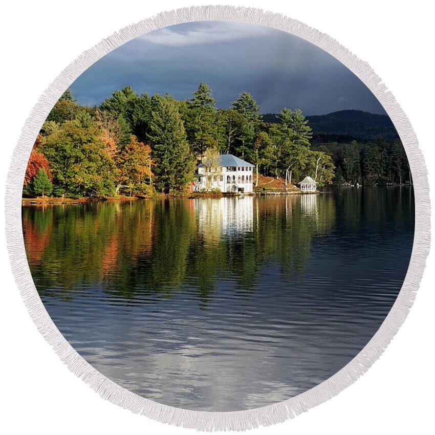 Lake Morey Round Beach Towel featuring the photograph Autumn Reflection Lake Morey Vermont by Nancy Griswold