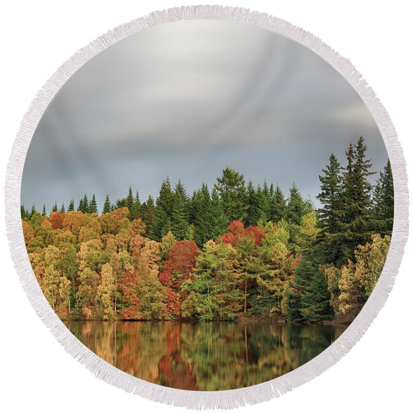 Autumn Round Beach Towel featuring the photograph Autumn Tree Reflections by Grant Glendinning