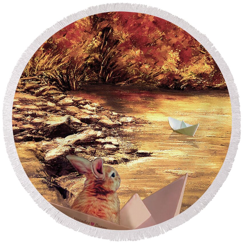 Autumn Round Beach Towel featuring the mixed media Autumn Voyage by Yoonhee Ko