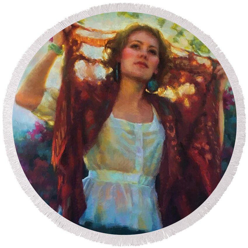 Beautiful Woman Round Beach Towel featuring the painting Awaken by Jean Hildebrant