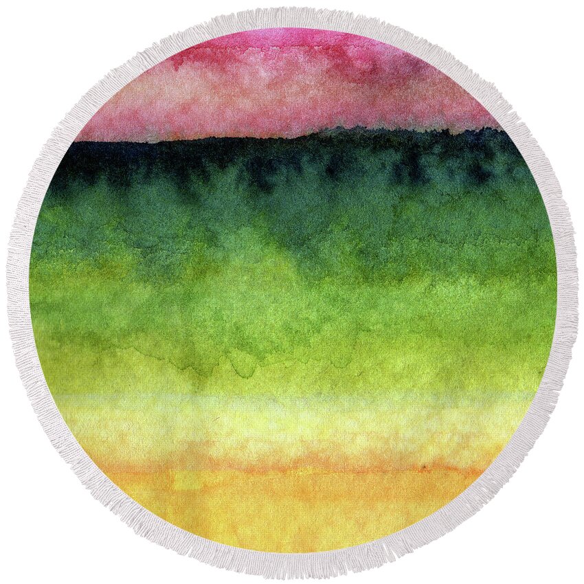 Abstract Landscape Round Beach Towel featuring the painting Awakened Too by Linda Woods