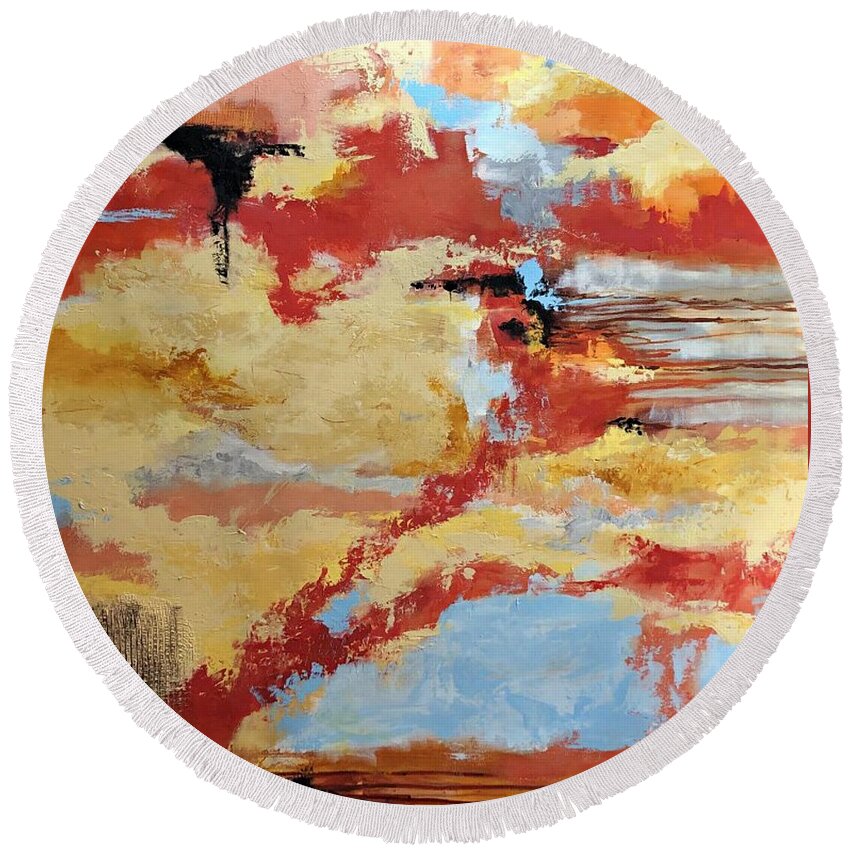Cloudscape Round Beach Towel featuring the painting Awakening the Fire by Mary Mirabal