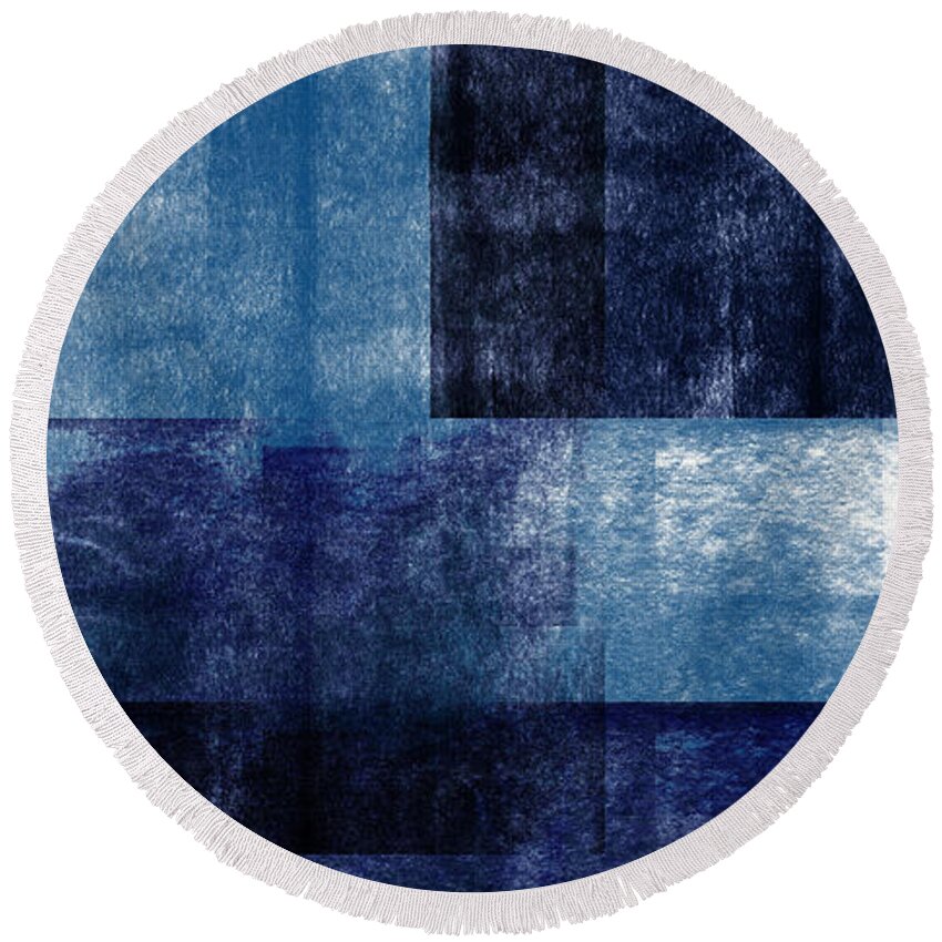 Abstract Round Beach Towel featuring the mixed media Azul Blocks 1- Art by Linda Woods by Linda Woods