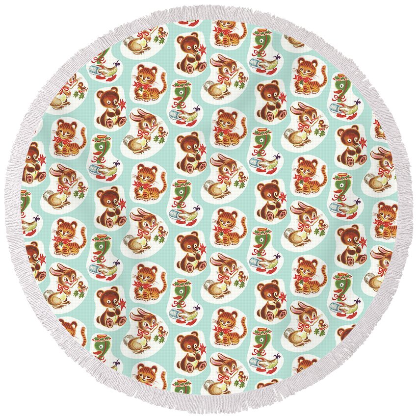 Animal Round Beach Towel featuring the drawing Baby animal pattern by CSA Images