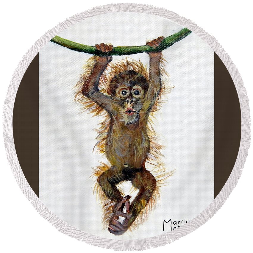 Orangutan Round Beach Towel featuring the painting Baby Orangutan by Marilyn McNish