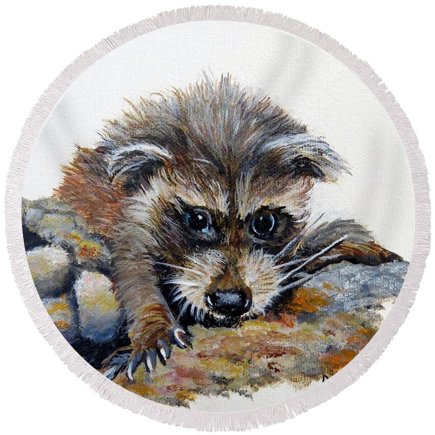 Raccoon Round Beach Towel featuring the painting Baby Raccoon by Marilyn McNish