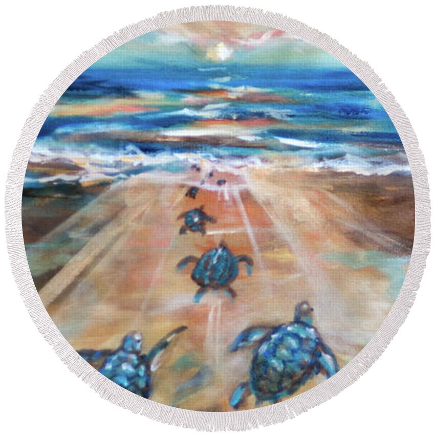Ocean Round Beach Towel featuring the painting Baby Sea Turtle Fantasy by Linda Olsen