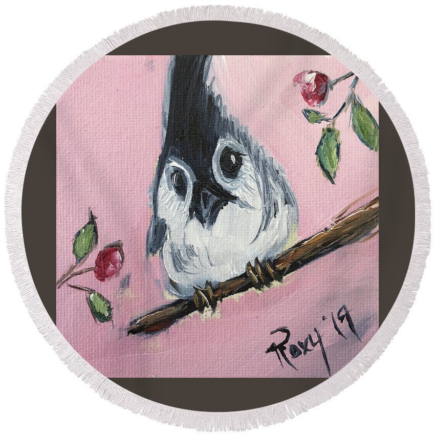 Titmouse Round Beach Towel featuring the painting Baby Tufted Tit Mouse by Roxy Rich