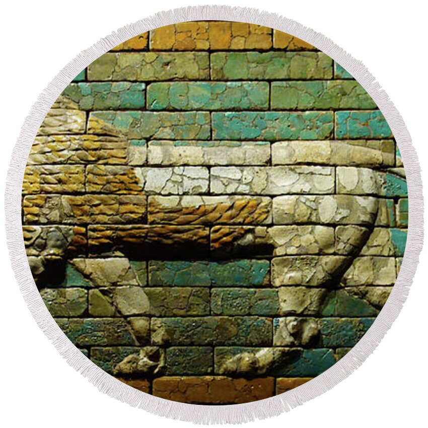 Babylonian Round Beach Towel featuring the photograph Babylonian wall tiles of lion by Steve Estvanik