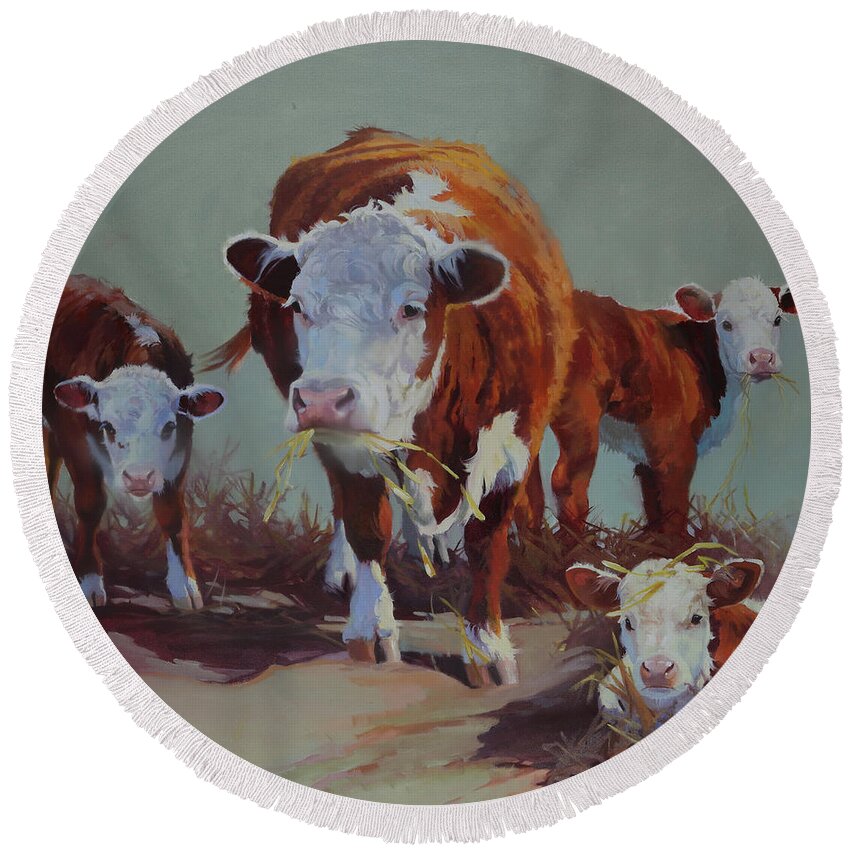 Farm Animals Round Beach Towel featuring the painting Babysitter II by Carolyne Hawley