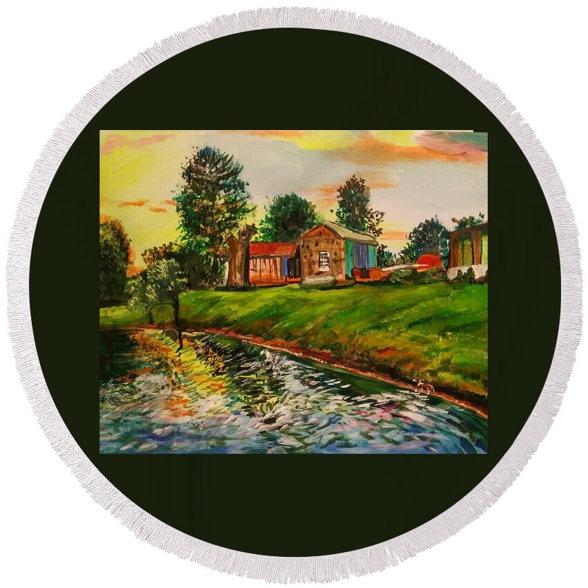 Landscape Round Beach Towel featuring the painting Back yard Pond by Mike Benton