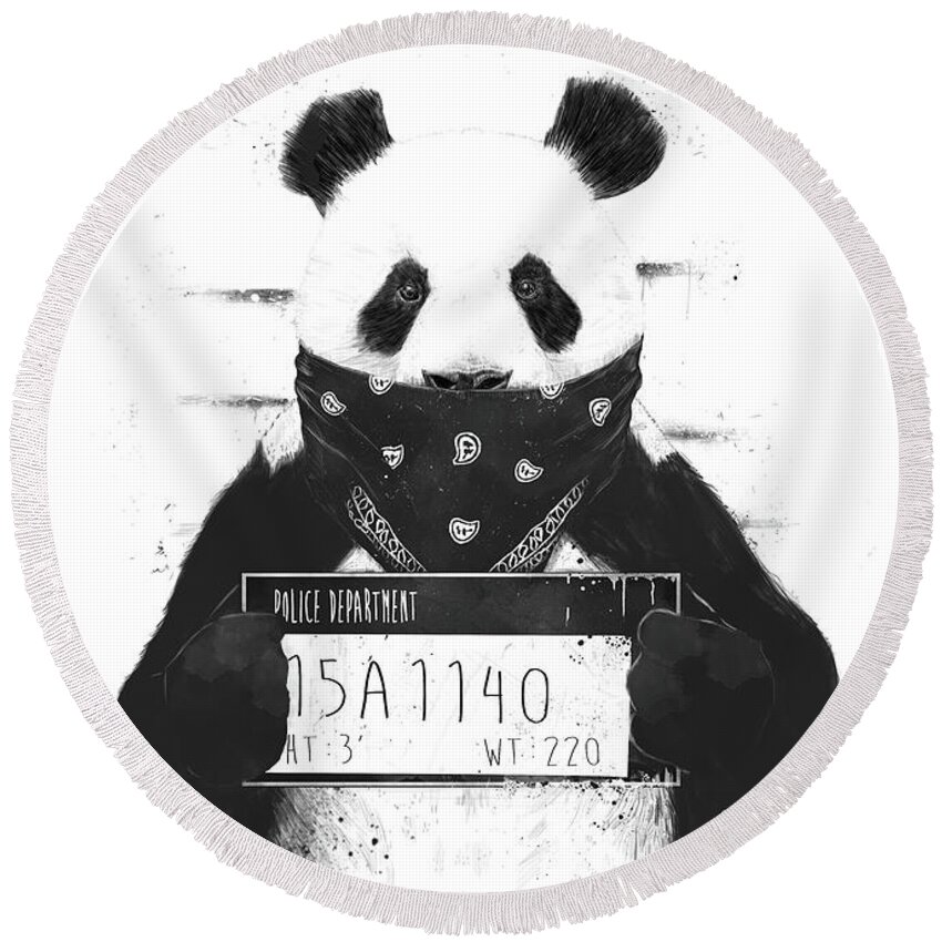 Panda Round Beach Towel featuring the drawing Bad panda by Balazs Solti