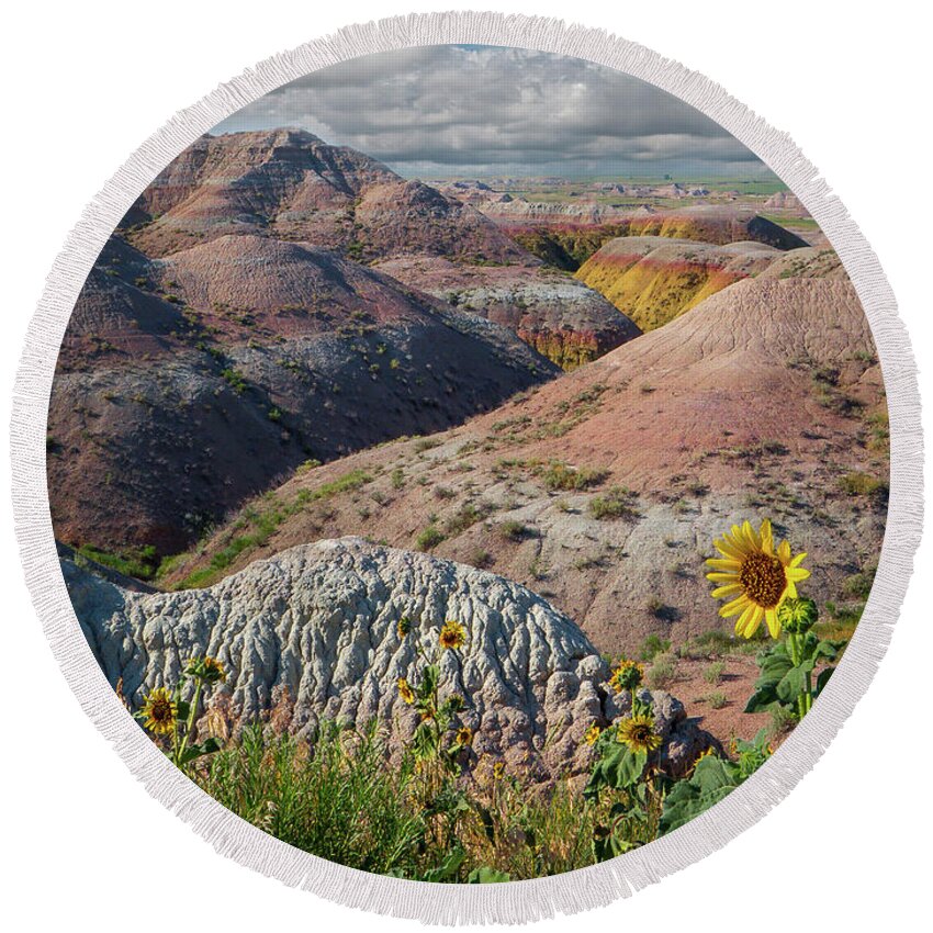 Landscape Round Beach Towel featuring the photograph Badlands Sunflower - Vertical by Patti Deters