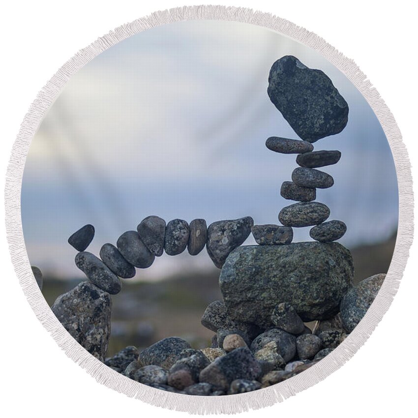 Meditation Zen Yoga Mindfulness Stones Nature Land Art Balancing Sweden Round Beach Towel featuring the sculpture Balancing art #25 by Pontus Jansson
