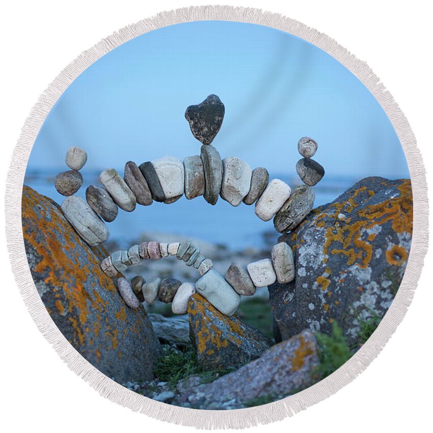 Meditation Zen Yoga Mindfulness Stones Nature Land Art Balancing Sweden Round Beach Towel featuring the sculpture Balancing art #62 by Pontus Jansson