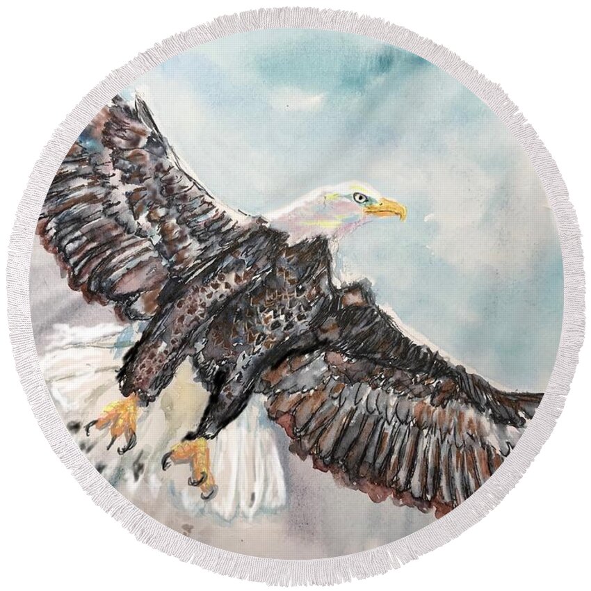 Bald Eagle Round Beach Towel featuring the painting Bald Eagle in Flight by Cynthia Sorensen