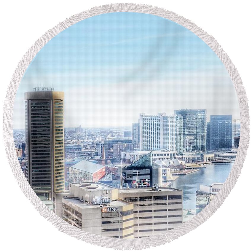 Baltimore Round Beach Towel featuring the photograph Baltimore Inner Harbor Aerial Landscape, Maryland by Marianna Mills
