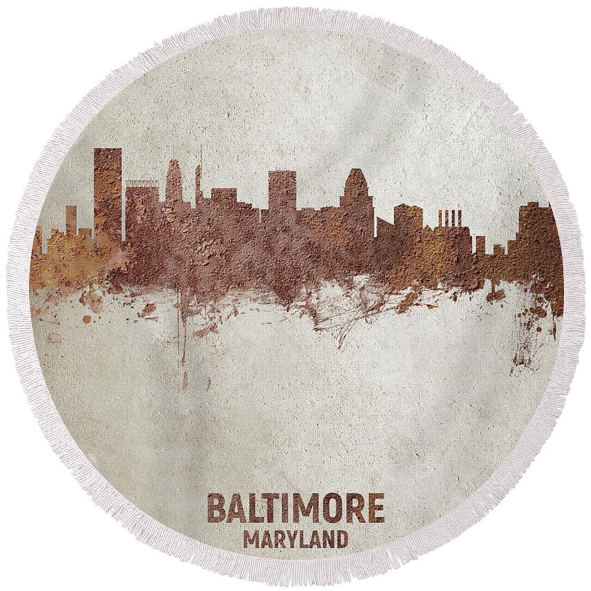 Baltimore Round Beach Towel featuring the digital art Baltimore Maryland Rust Skyline by Michael Tompsett