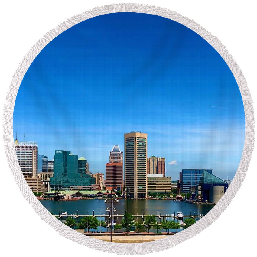 Baltimore Round Beach Towel featuring the photograph Baltimore Skyline by Chris Montcalmo