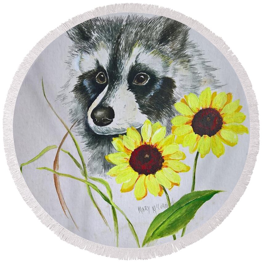 Raccoons Round Beach Towel featuring the painting Bandit and the Sunflowers by ML McCormick