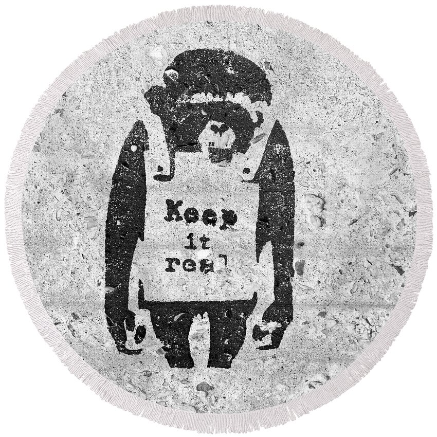 Banksy Round Beach Towel featuring the photograph Banksy Chimp Keep It Real by Gigi Ebert