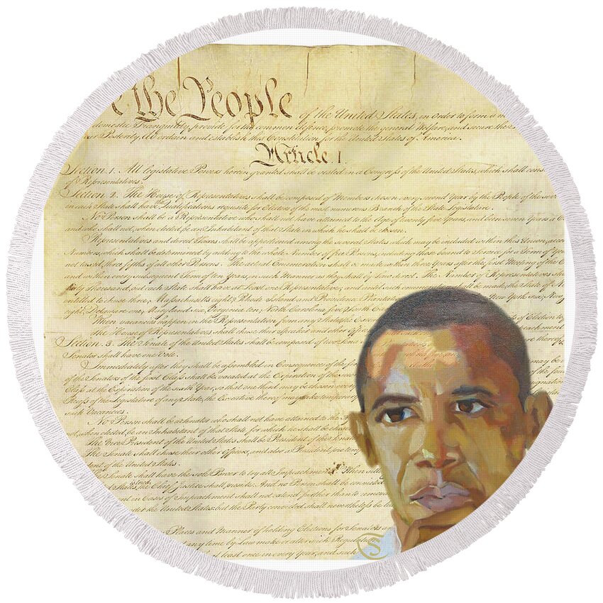 Barack Hussein Obama Round Beach Towel featuring the digital art Barack Obama - Constitution by Suzanne Giuriati Cerny