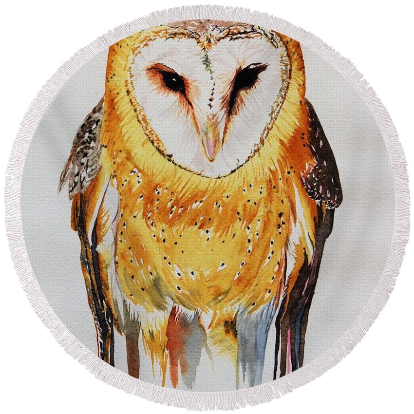 Barn Owl Round Beach Towel featuring the painting Barn Owl Drip by Sonja Jones