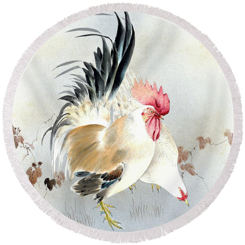 Hotei Round Beach Towel featuring the painting Barnyard Fowl by Hotei